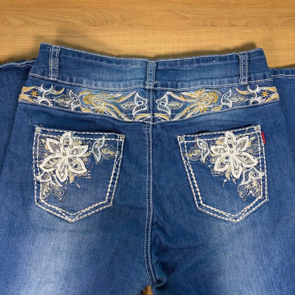 Love You Embroidered Bootcut Jeans Medium Wash Y2K Floral Sequin Size 11/12